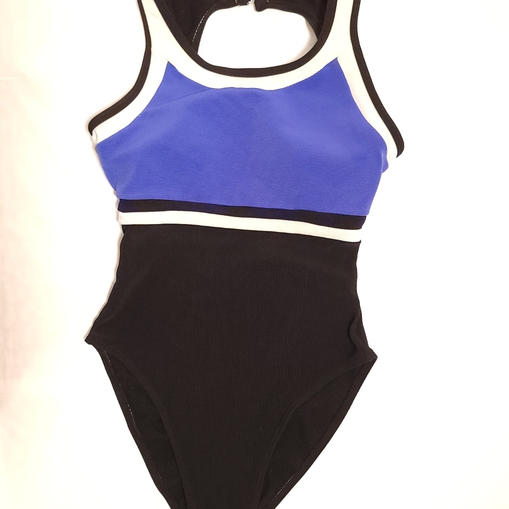 Cross Current Periwinkle Black One Piece Open Back Ribbed Bathing Swim Suit Sz 8
